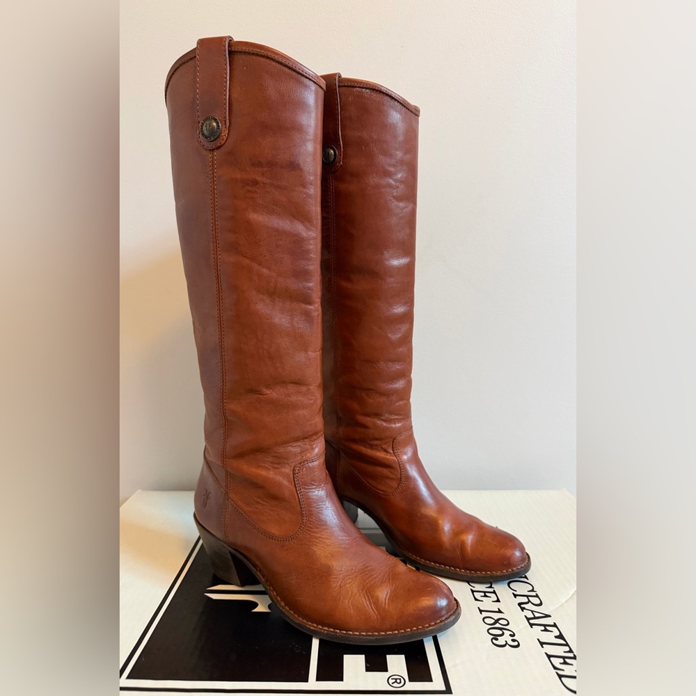 Frye Cognac Brown Leather Knee-High Heeled Boots